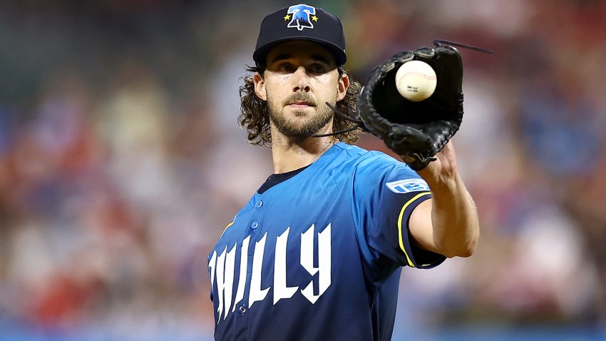 PHILADELPHIA, PENNSYLVANIA – SEPTEMBER 13: Aaron Nola #27 of the Philadelphia Phillies looks on during the fifth inning against the New York Mets at Citizens Bank Park on September 13, 2024 in Philadelphia, Pennsylvania. (Photo by Tim Nwachukwu/Getty Images)