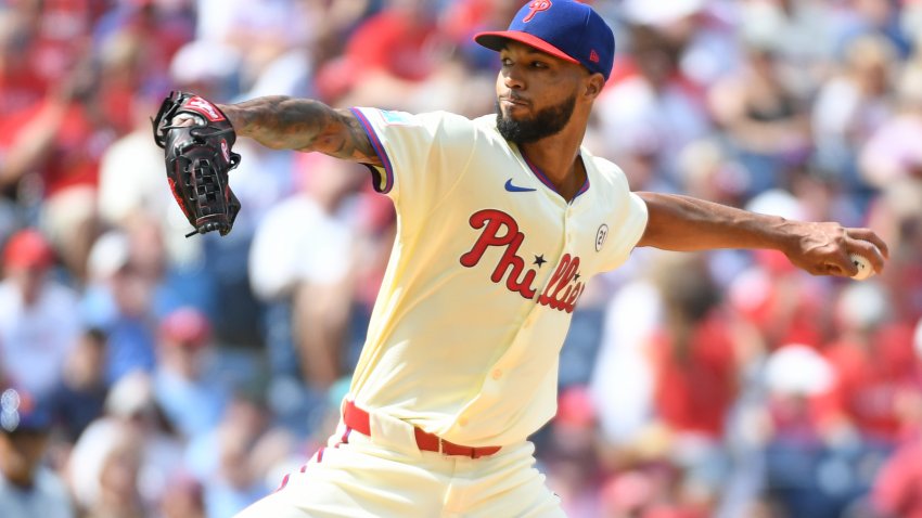 Sep 15, 2024; Philadelphia, Pennsylvania, USA; Philadelphia Phillies pitcher Cristopher Snchez (61)  throws a pitch during the first inning against the New York Mets at Citizens Bank Park. Mandatory Credit: Eric Hartline-Imagn Images